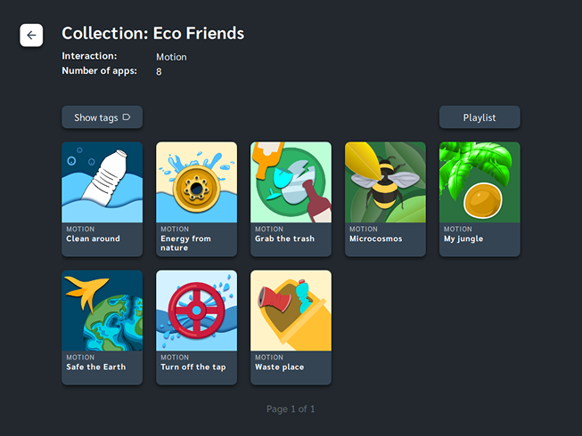 Clean collection overview with grid of apps. Example  "Eco Friends" collection. 