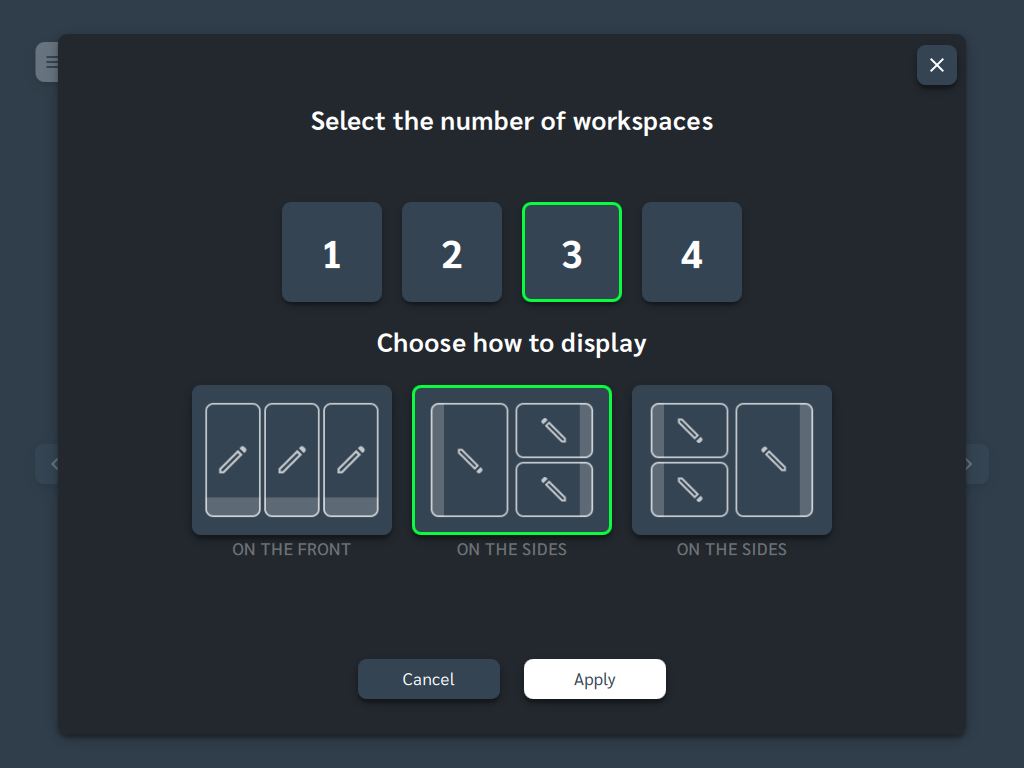 Select the number of workspaces and the layout.