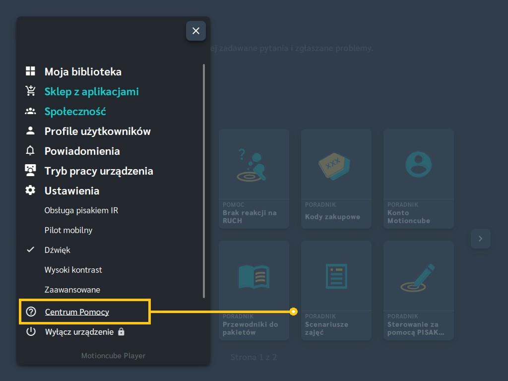 Centrum Pomocy Motioncube na urządzeniu interaktywnym