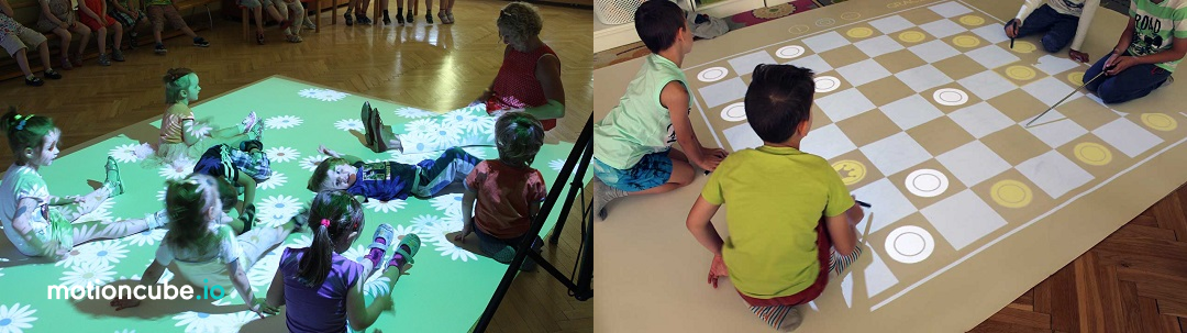 On the left - relaxing session in a kindergarden. On the right - draughts gameplay in a primary school.