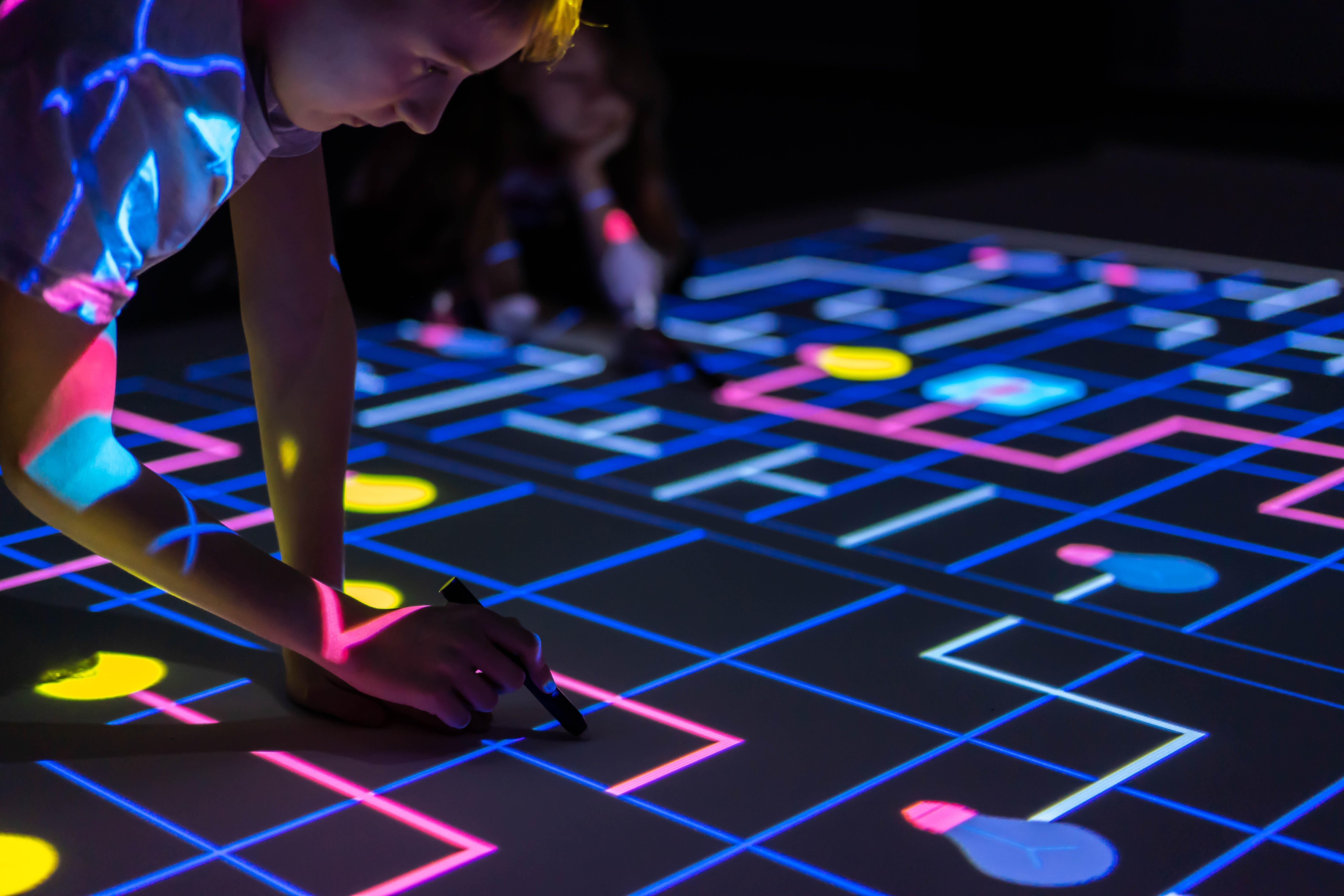 Light on! game on the interactive floor. Divided interactive workspace.