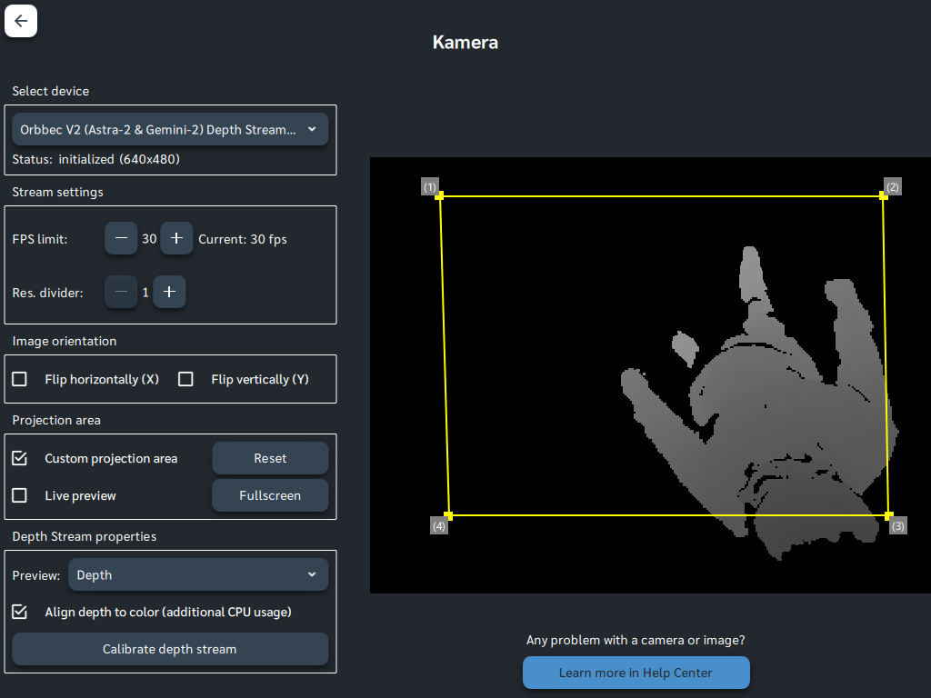 Calibration tool in Motioncube for Orbbec Astra 2