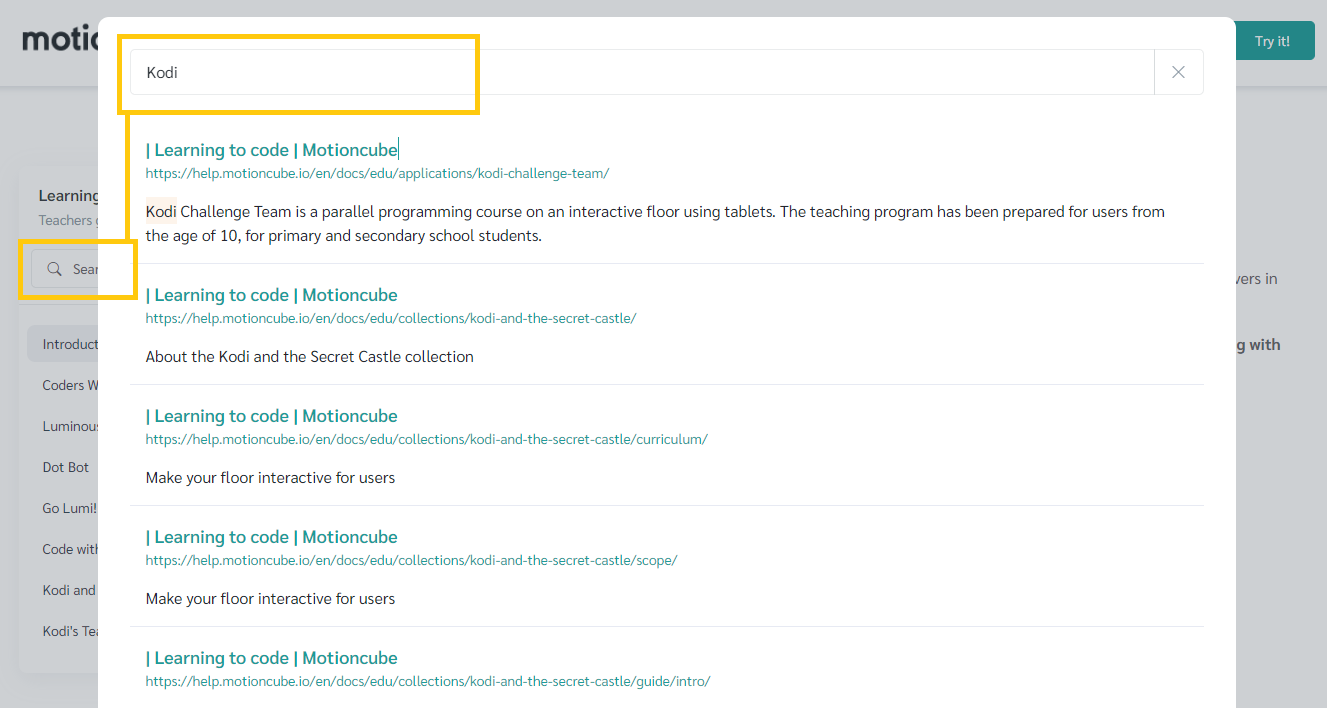 Teachers Help Center - online search in motioncube.io