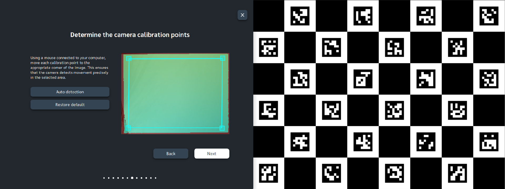 Autodetection of the interaction area using a dedicated chessboard pattern.