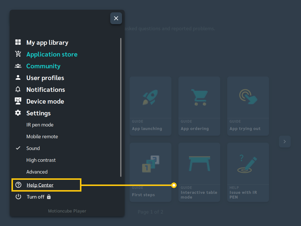 Motioncube Help Center for Users on an interactive device