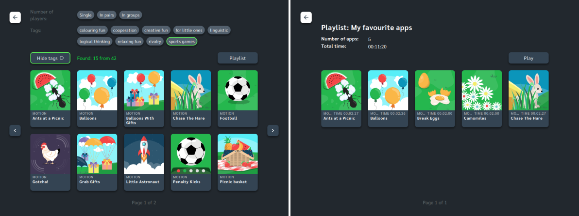 Tags in the "Little Steps" collection used for quick filtering of games and a custom playlist example.