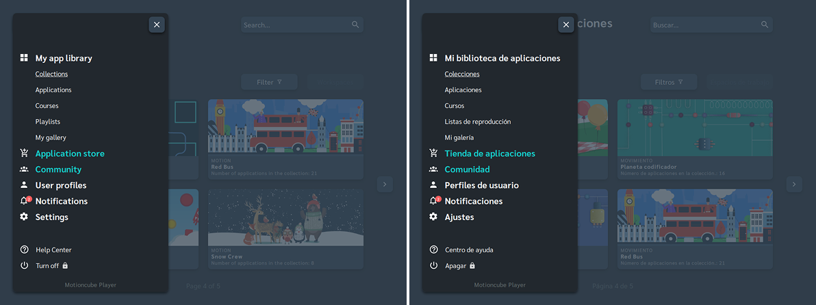 The same menu shown in two languages (English and Spanish)